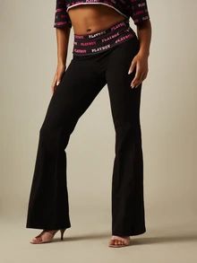 Missguided x Playboy Logo Fold Over Waistband Flared Pants With Pull-On Style And Full Length Flared Leg - Black - View 5
