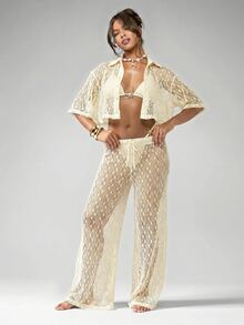 MISSGUIDED Crochet Two-Piece Crop Shirt And Wide-Leg Trouser Set Beach Cover-Up Summer Vacation Coordinated Outfit - Apricot - View 5