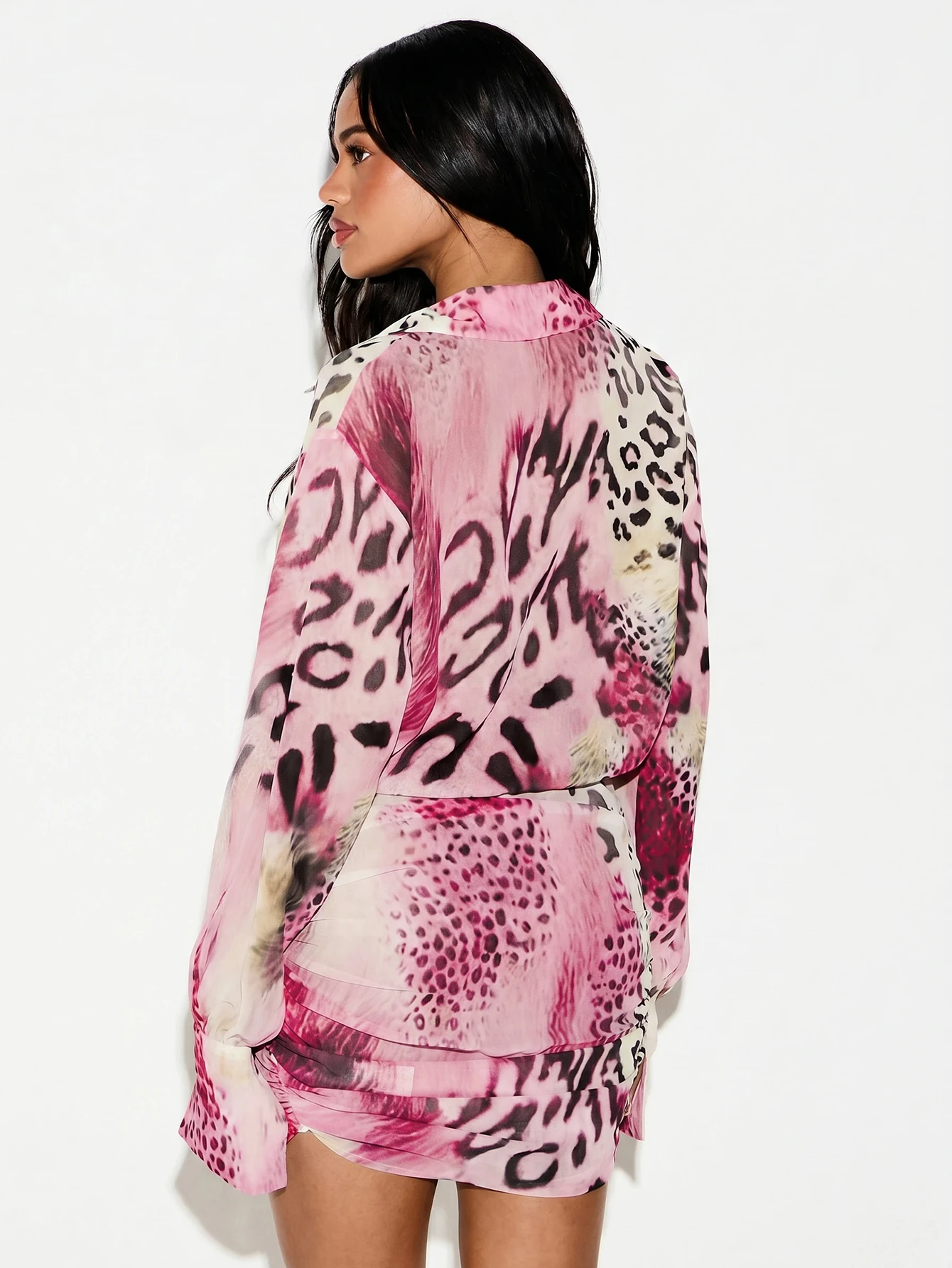 Animal Print Wrap Hem Mini Dress With Long Sleeves