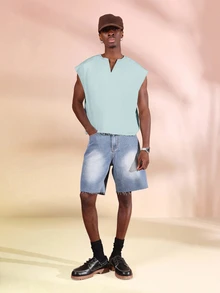 SUMWON Tank Top Tanpa Lengan Model Crop dengan Leher V dan Tepi Bawah yang Tidak Dijahit untuk Musim Panas - Teal Blue - View 5