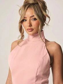 MISSGUIDED High Neck Halter Top With Lace Hem Detail Asymmetric Cut Sleeveless Elegant Style - Pink - View 5