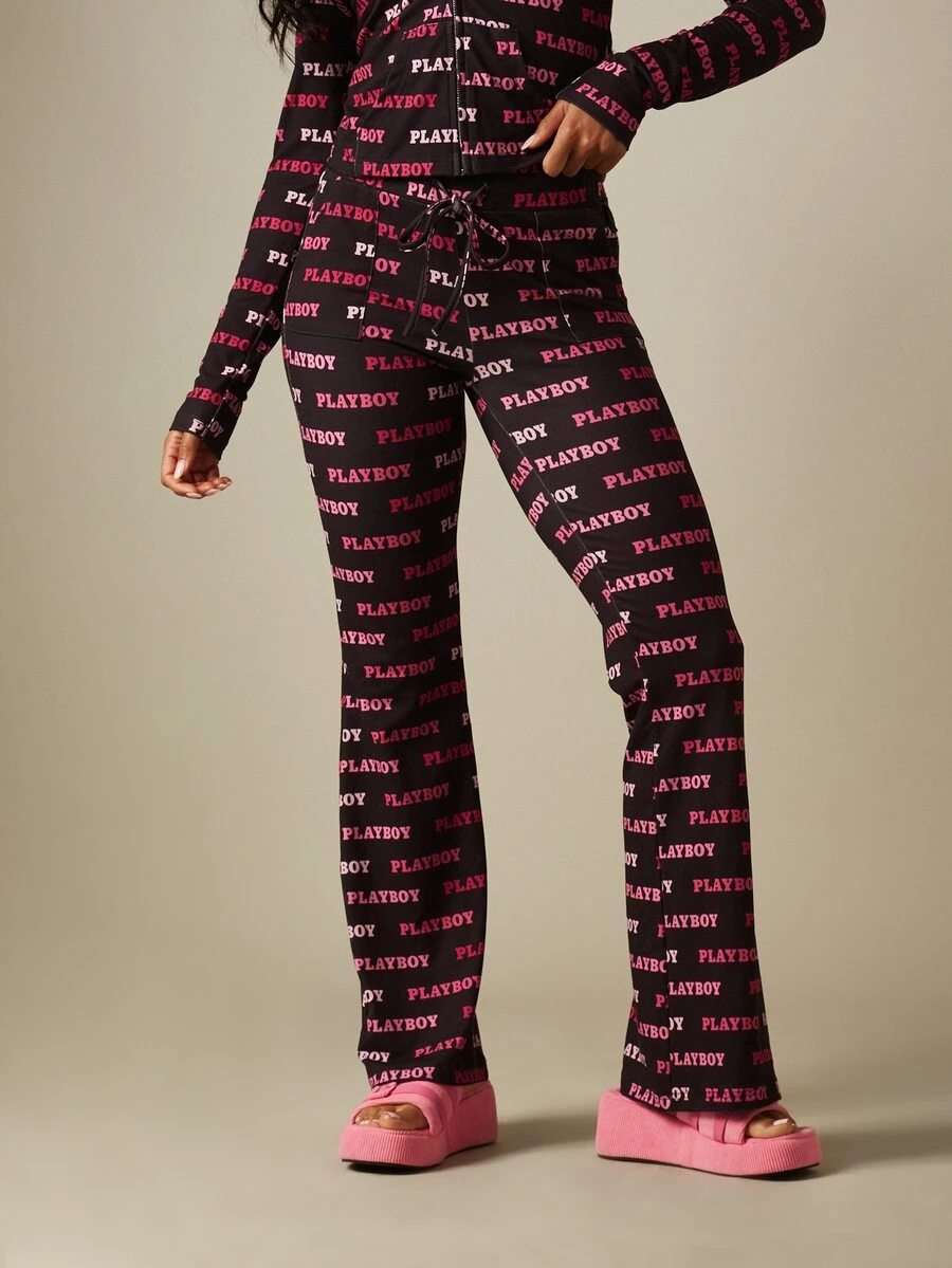 Missguided x Playboy All-Over Print Fitted Flared Jogger Pants With Logo Text Pattern Full Length - Multicolor - View 1