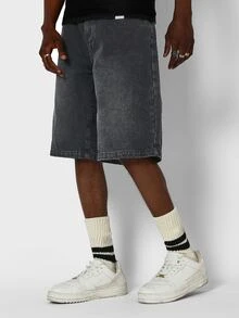SUMWON Oversized Baggy Denim Jorts With Back Graffiti Print Washed Finish Wide Leg Summer Shorts - Grey - View 4