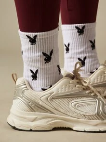 Missguided x Playboy Bunny Logo Crew Socks Ribbed Cuff Allover Print Classic Casual Everyday Sock - White Black - View 4