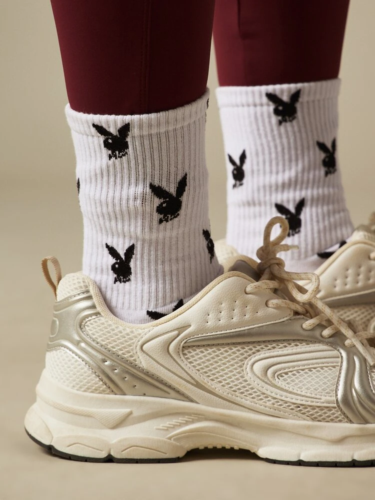 Missguided x Playboy Bunny Logo Crew Socks Ribbed Cuff Allover Print Classic Casual Everyday Sock
