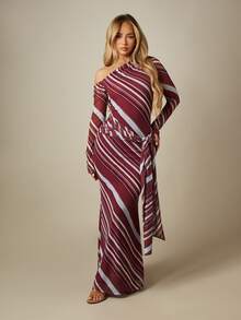 MISSGUIDED Mesh Diagonal Striped Off The Shoulder Long Sleeve Maxi Dress With Waist Tie Evening Party - Multicolor - View 5
