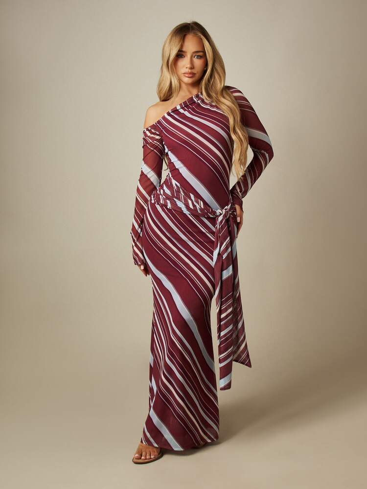MISSGUIDED Striped Mesh Off-Shoulder Maxi Dress With Waist Tie