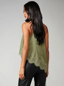MISSGUIDED 緞面掛脖上衣，蕾絲飾邊高領無袖露背不對稱下擺派對晚宴上衣 - 綠色 - 查看 2