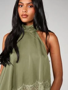MISSGUIDED 緞面掛脖上衣，蕾絲飾邊高領無袖露背不對稱下擺派對晚宴上衣 - 綠色 - 查看 5