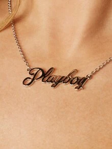 Missguided x Playboy Script Logo Pendant Necklace Delicate Chain Statement Jewelry Gift Idea Holiday - Silver - View 4