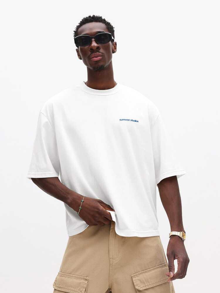 Studios Boxy Fit Oversized Tee With Bold Back Text Graphic Print Casual Streetwear Crewneck Short Sleeve T-Shirt