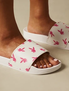 Missguided x Playboy Bunny Logo Slide Sandals With Single Wide Strap Open Toe Slip On Summer Pool Slides - White - View 1