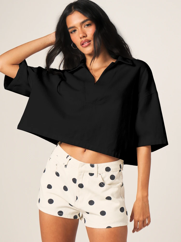 MISSGUIDED BOXY FIT POLO NECK DENIM TOP
