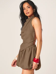 MISSGUIDED Linen Feel Coord Two-Piece Set With Cowl Halter Top And Bubble Balloon Mini Shorts Summer Festival Vacation Vacation Coffee Brown European Tropical - Brown - View 4