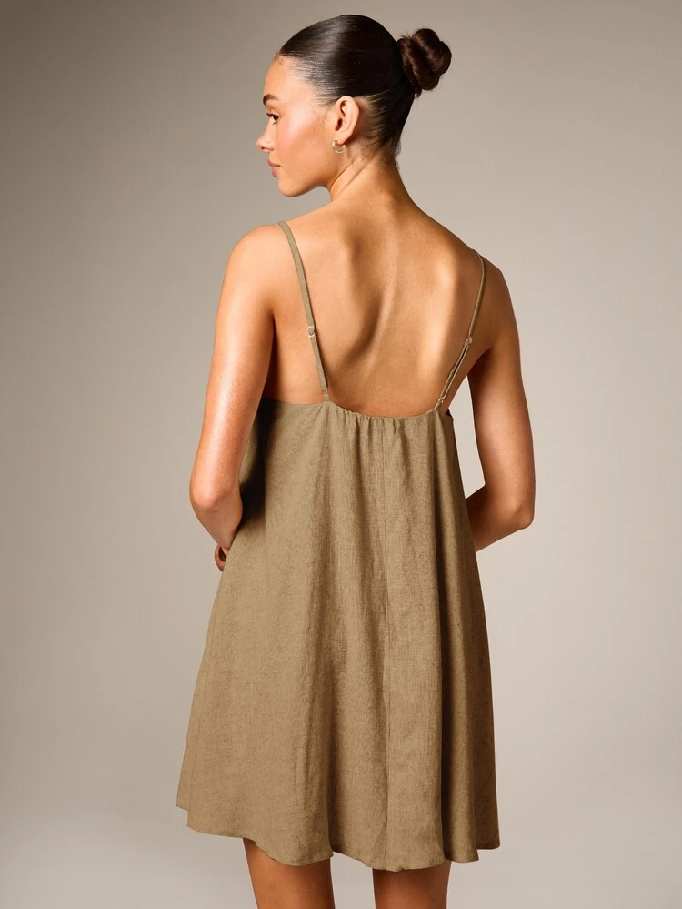 A-Line Linen Mini Dress With V-Neck And Adjustable Straps