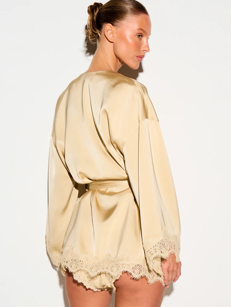 Satin Short Robe With Lace Trim