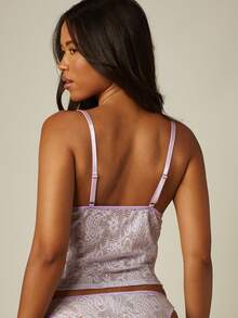 MISSGUIDED Floral Lace Cami Vest Top And Thong Panty Set Bow Detail V-Neck Adjustable Straps Intimate Lingerie - Purple - View 2