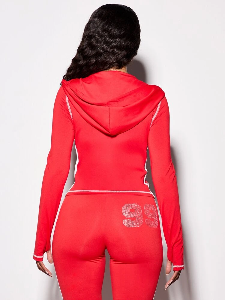 BABYPHAT Moletom com Zíper de Malha com Bolso Central e Estampa de Strass 99 no Peito, Copa do Mundo 2026 Esportivo Chique Dia de Jogo Futebol Blokecore Streetwear Malha