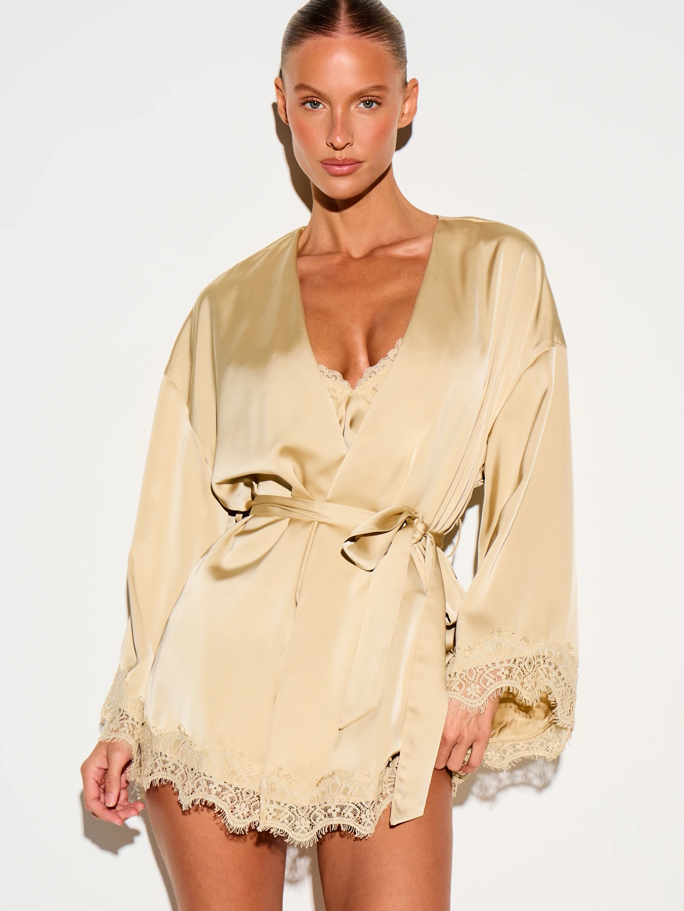 Satin Short Robe With Lace Trim