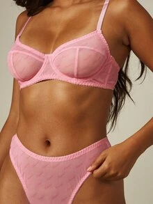 MISSGUIDED Conjunto de lencería íntima de marca con sujetador balconette de malla con aros y tanga de corte alto para San Valentín - Rosa - Ver 4