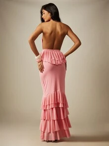 MISSGUIDED Đầm maxi đuôi cá cổ yếm khoét sâu chữ V hở lưng, gấu xếp tầng bèo nhún và chi tiết peplum diềm xòe - Hồng - Xem 2