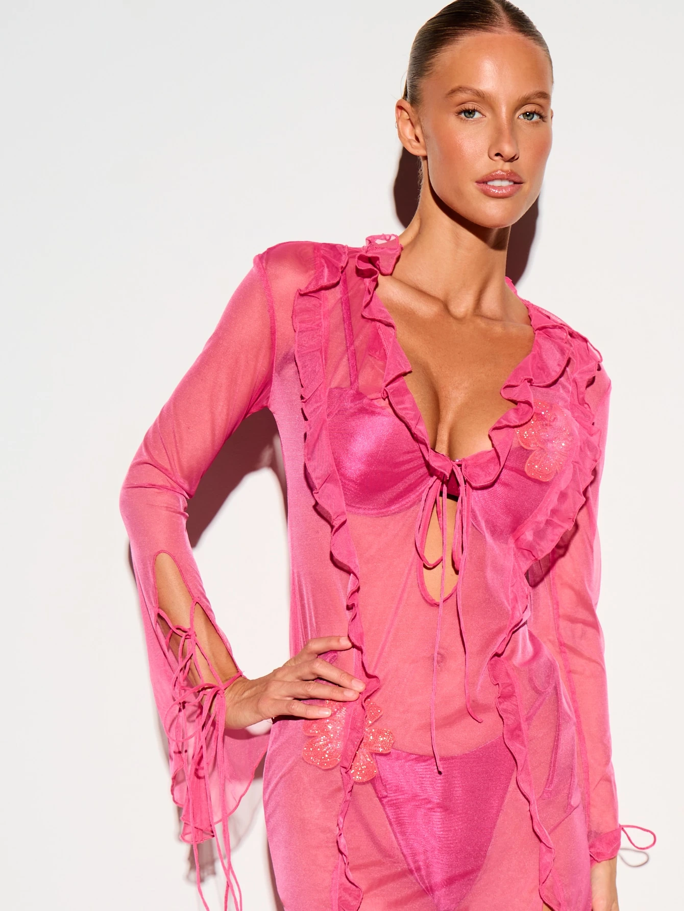 Sheer Mesh Ruffle Maxi Dress With Tie Front