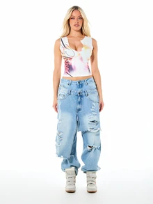 SUMWON WOMEN Plunge V-Neck Sleeveless Crop Tank Top With Watercolor Abstract Print And Script Text Summer Festival Style - White - View 5
