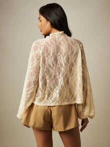 MISSGUIDED 透視蕾絲蓬鬆領結上衣 荷葉邊細節 波西米亞風長袖上衣 春夏季 - 棕色 - 查看 2
