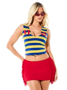 SUMWON WOMEN Striped Notch Neck Graphic Crop Tank Top Sleeveless Bold Color Block Summer Festival Style - Multicolor - View 1