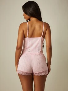 MISSGUIDED Eyelet Lace Trim Cami Top And Shorts Pajama Set Tie Front V-Neck Sleeveless Lounge Sleep Two-Piece - Pink - View 2