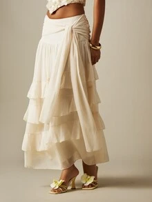 MISSGUIDED Chiffon Tiered Maxi Skirt With Ruched Waist Detail And Elegant Bow Tie Front For Summer Occasions - Apricot - View 1
