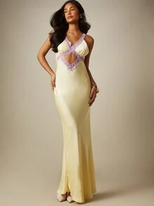 MISSGUIDED Satin Maxi Dress With Lace Trim Crossback Straps Deep V-Neck Cut-Out Detail Evening Formal Gown - Light Yellow - View 1