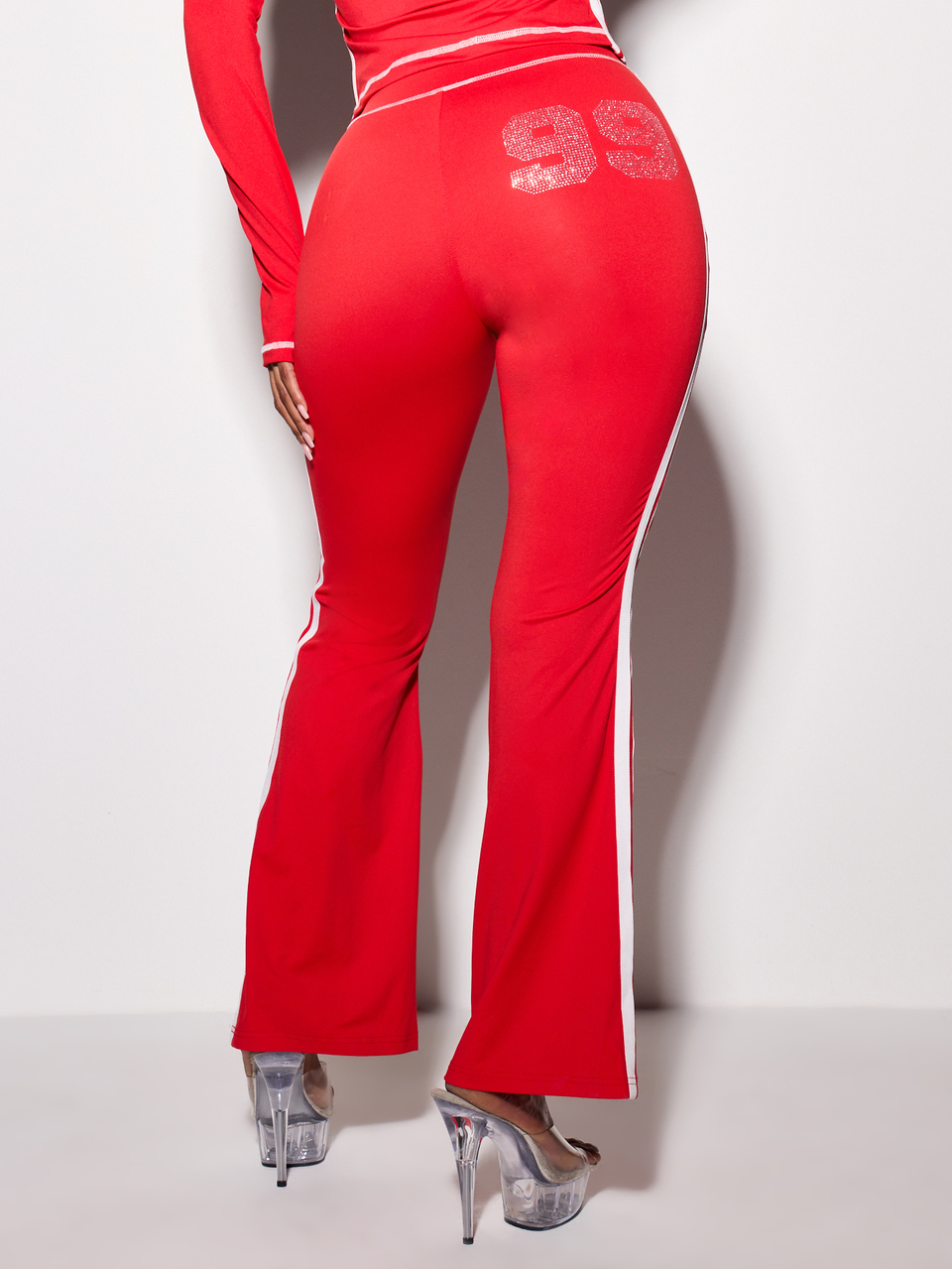 BABYPHAT Jersey Flare Leggings With Side Stripe Tape, Rhinestone Number Print, And Contrast Stitching Detail, World Cup Sporty Game Day Football Streetwear