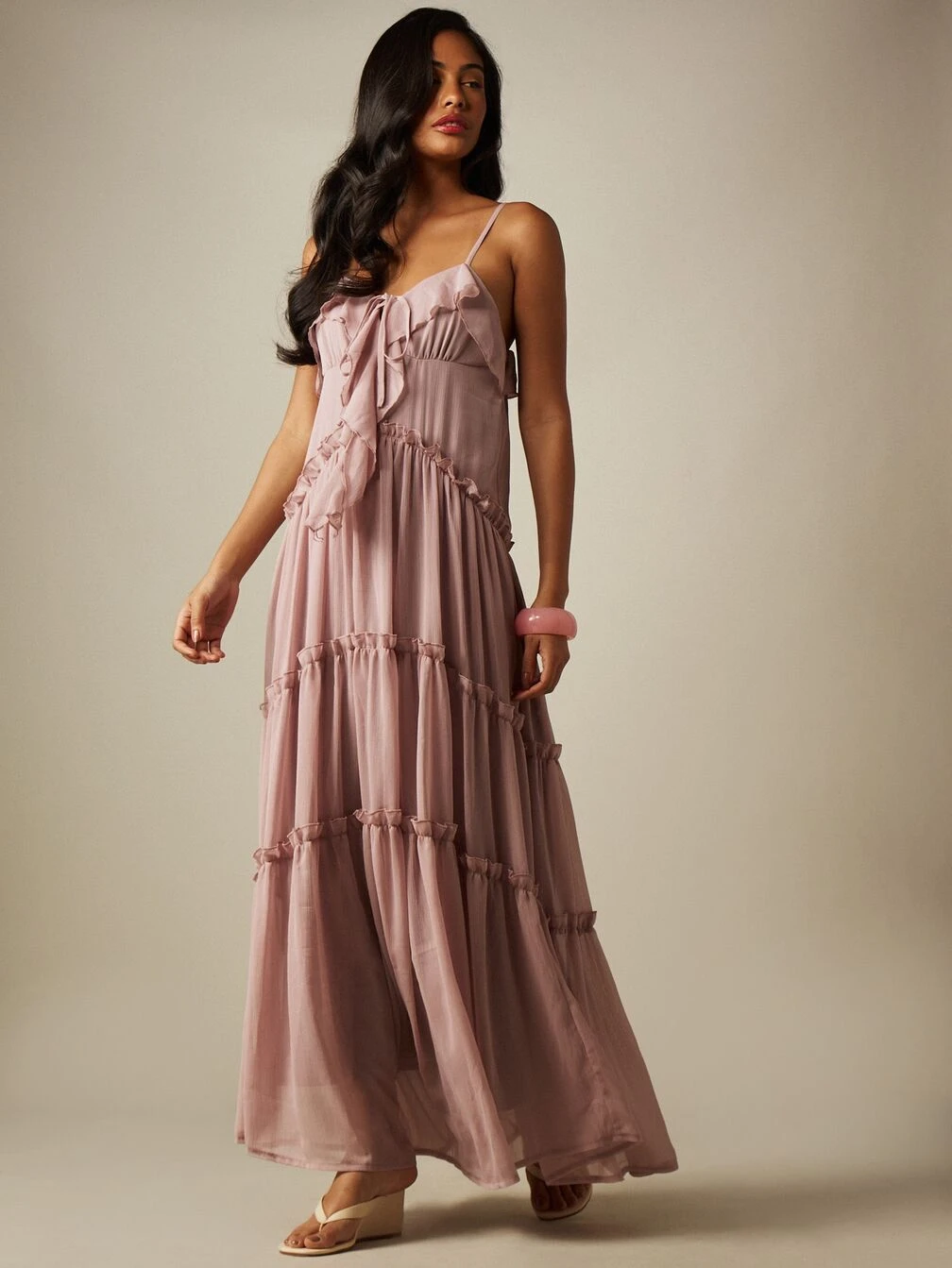 spaghetti strap ruffle layered maxi dress Spaghetti Straps Pink Tiered Long Dress gh2905