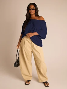 FASHION SZN 大尺碼女款 100% 純棉寬鬆落肩 T恤 休閒露肩白色上衣 寬鬆版型 大尺碼夏季穿搭 度假日常基本款 機場旅行城市短途遊 簡約優雅時尚 - 藏蓝色 - 查看 3