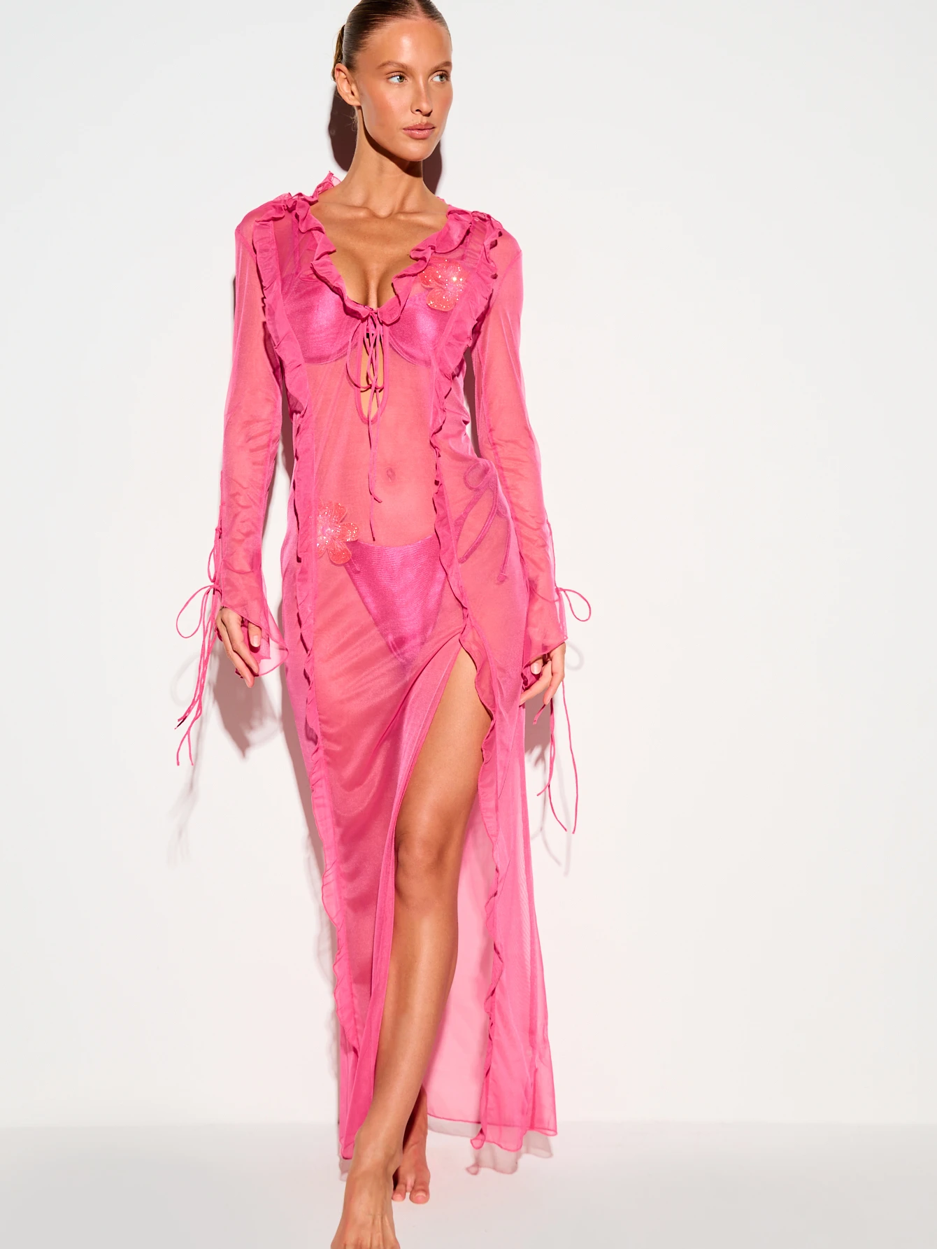 Sheer Mesh Ruffle Maxi Dress With Tie Front