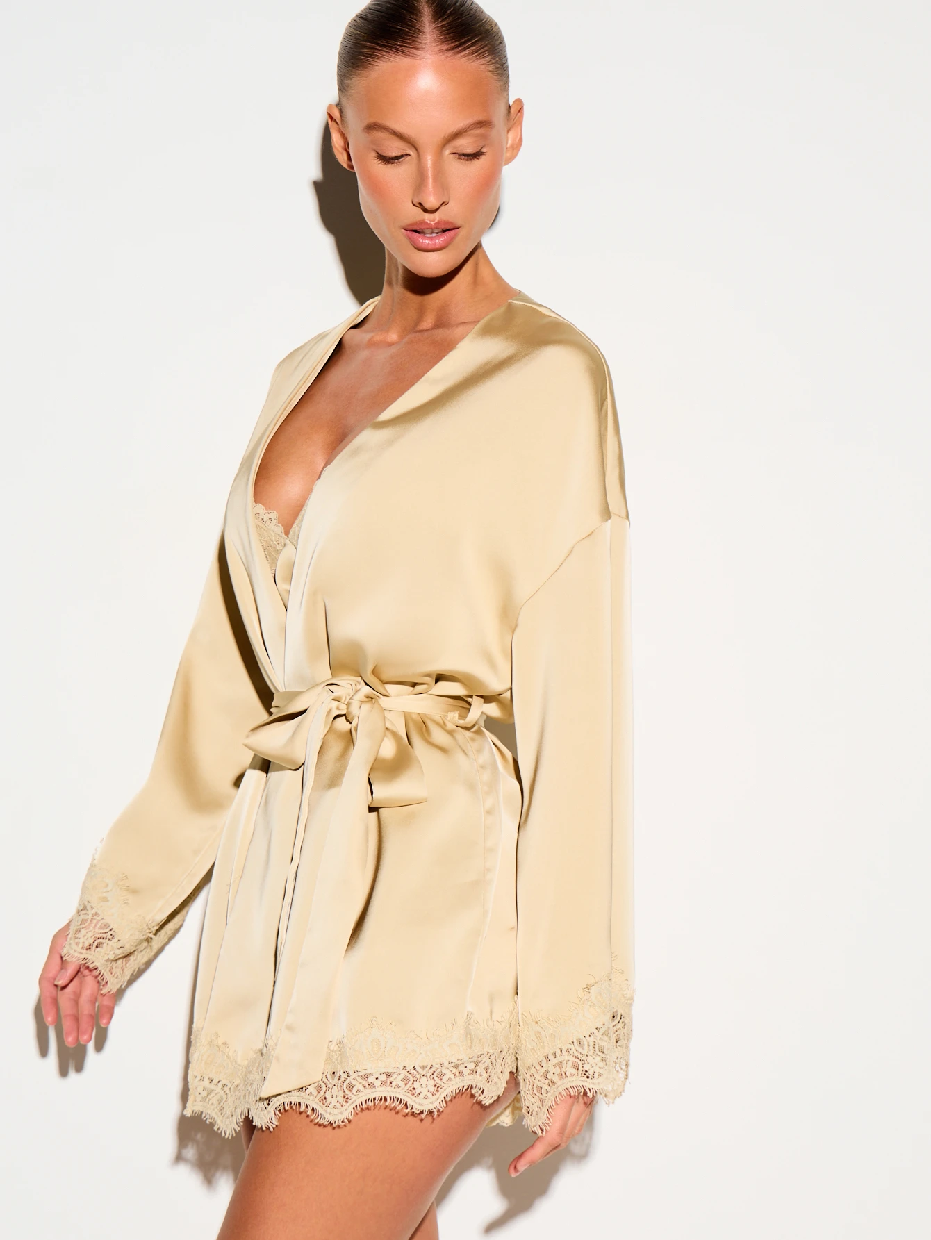 Satin Short Robe With Lace Trim