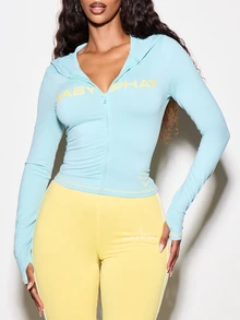 BABYPHAT Logo Zip-Up Hooded Long Sleeve Fitted Crop Top With Thumb Holes And Contrast Stitching Detail - Green - View 1