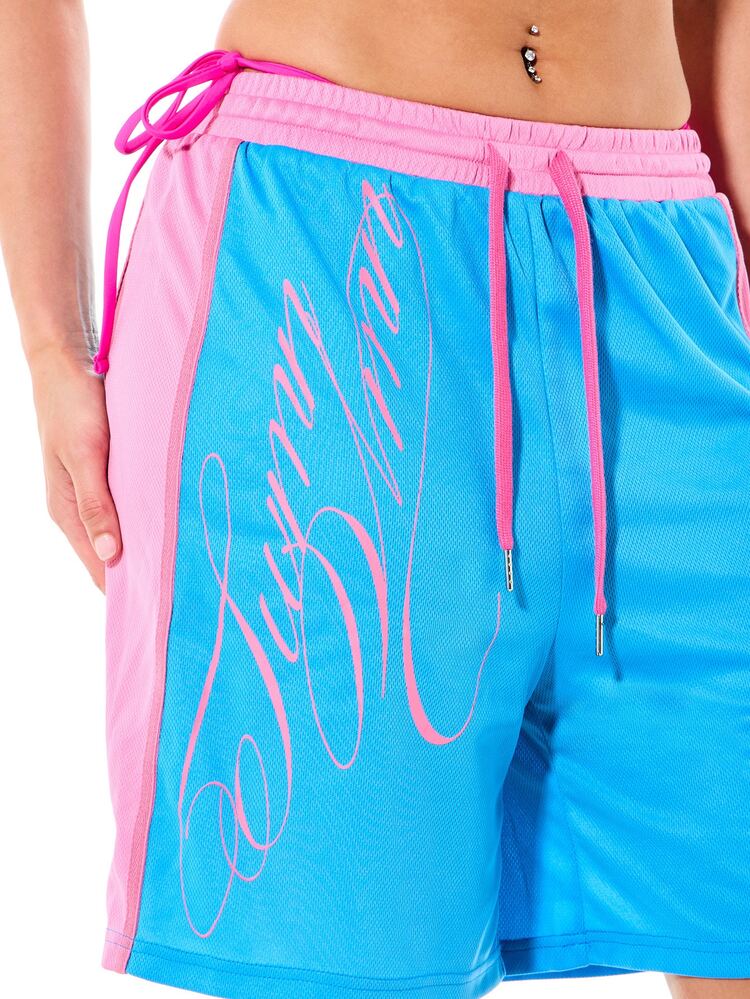 SUMWON WOMEN Color Block Mesh Basketball Shorts With Script Print Drawstring Waist And Sporty Bermuda Length Summer Style