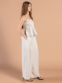 Rouah Conjunto de pantalón de pierna ancha de mezcla de lino con rayas y top con peplum a juego - Conjunto de dos piezas de verano, conjunto de mezcla de lino, conjunto de lino, conjunto de resort, conjunto coordinado - Multicolor - Ver 5