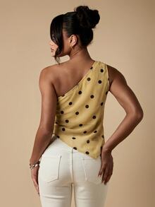 MISSGUIDED One Shoulder Polka Dot Sheer Chiffon Top Asymmetric Hem Sleeveless Party Summer Blouse - Khaki - View 2