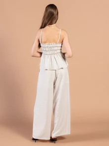 Rouah Conjunto de pantalón de pierna ancha de mezcla de lino con rayas y top con peplum a juego - Conjunto de dos piezas de verano, conjunto de mezcla de lino, conjunto de lino, conjunto de resort, conjunto coordinado - Multicolor - Ver 2