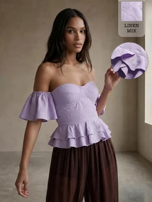 Rouah Women's Solid Color One-Shoulder Bandeau Linen Mix Ruffle Hem Peplum Top, Summer, Boho Romantic Elegant, Vacay Resort, Brunch Vacation Light Purple - Mauve Purple - View 1