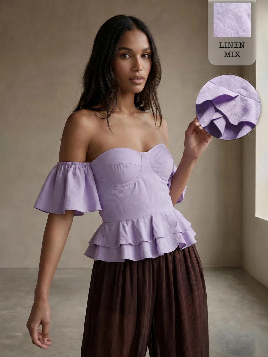 Rouah Women's Solid Color One-Shoulder Bandeau Linen Mix Ruffle Hem Peplum Top, Summer, Boho Romantic Elegant, Vacay Resort, Brunch Vacation Light Purple - Mauve Purple - View 1