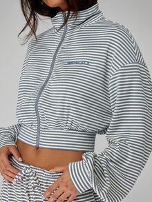 MISSGUIDED Striped Two-Piece Set With Cropped Zip-Up Track Jacket And Wide-Leg Drawstring Pants For Casual Everyday Wear - Blue - View 7