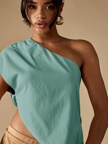MISSGUIDED One Shoulder Asymmetric Hem Blouse Top Summer Party Casual Everyday Wear - Blue - View 4