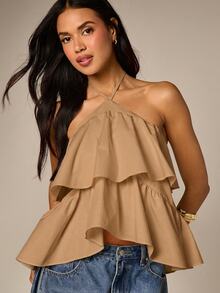 AiiRZ Ruffle Tiered Halter Top With Crossover Neckline, Open Back, Peplum Hem, Summer Party Style - Khaki - View 4