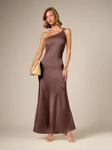 AiiRZ Elegant One-Shoulder Satin Maxi Dress With Double Strap Detail And Bias-Cut Flowy Hem For Formal Events - Chocolate Brown - View 3