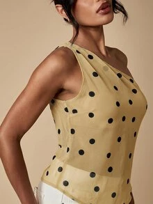 MISSGUIDED One Shoulder Polka Dot Sheer Chiffon Top Asymmetric Hem Sleeveless Party Summer Blouse - Khaki - View 5
