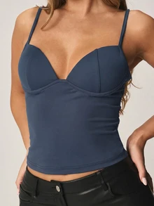 MISSGUIDED Bustier Crop Cami Top With Sweetheart Neckline, Built-In Cups, Spaghetti Straps, And Ruched Sides - Navy Blue - View 3